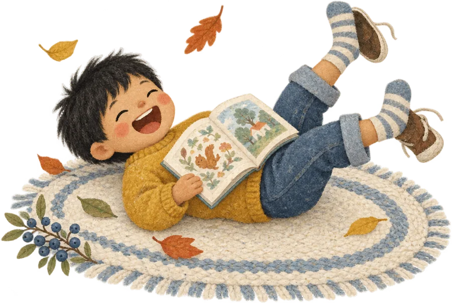 A child lying on their back on a rug, laughing, holding an open picture book above them with their feet in the air