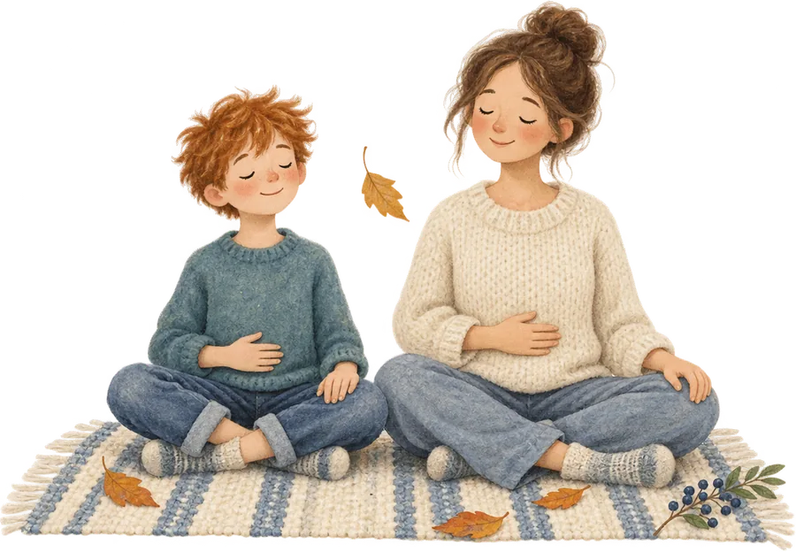 A child and a grown-up sitting cross-legged on a rug with their eyes closed and a hand resting on their middle, breathing slowly
