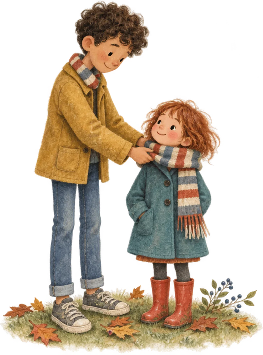 An older child wrapping a striped scarf around a smaller child standing in the leaves