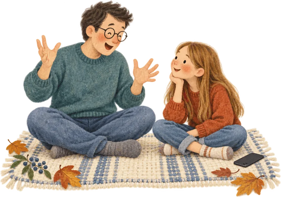A child sitting cross-legged on a rug with her chin in her hand, listening to a grown-up telling a story with his hands in the air