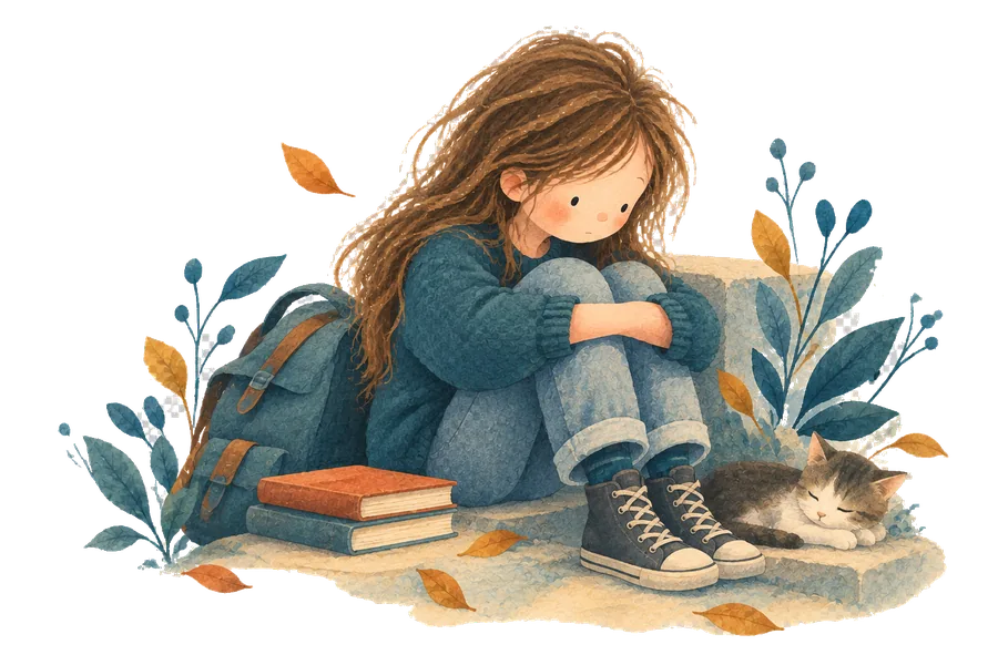 A girl sitting with her knees drawn up beside a backpack, a stack of books and a sleeping cat