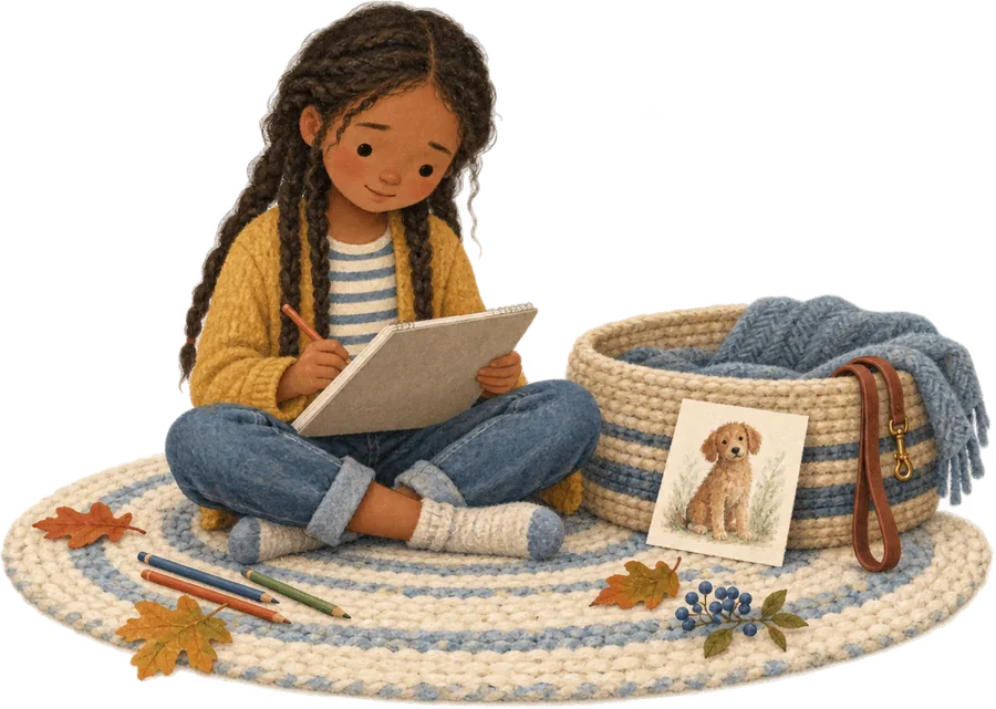 A girl sitting on a rug drawing, beside an empty dog basket with a folded blanket, a lead and a small picture of the dog propped against it