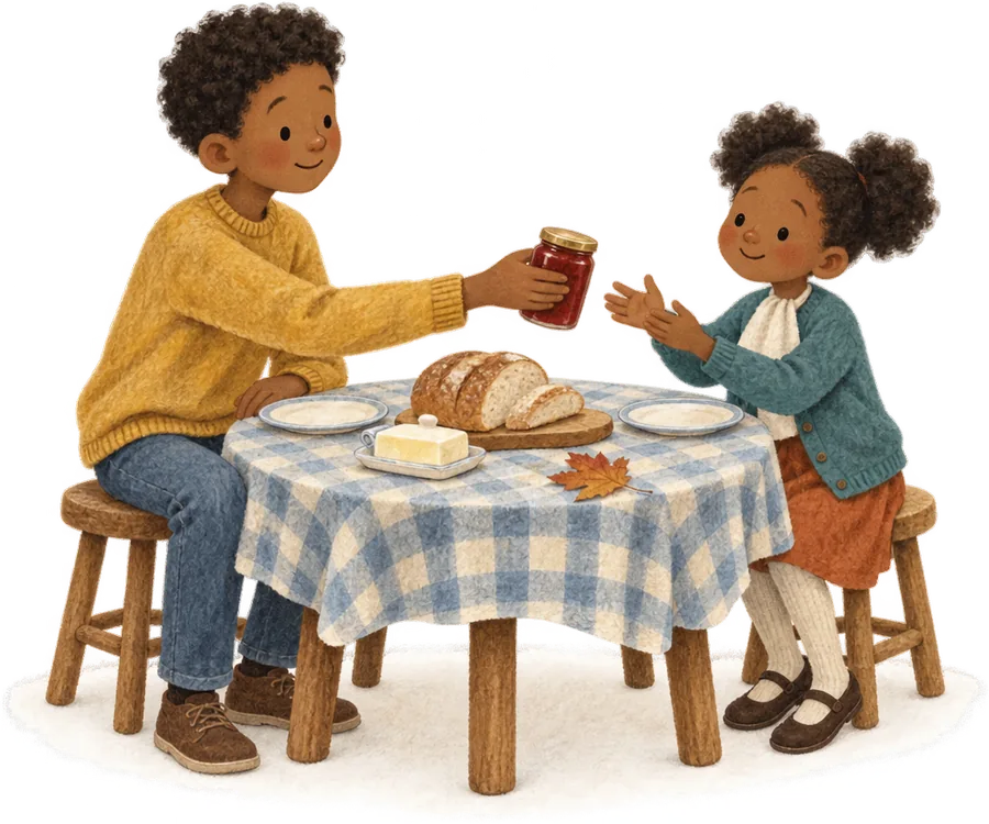 Two children at a small table laid for breakfast, one passing a jar of jam across to the other