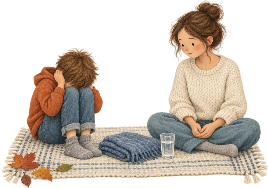 A child curled up on a rug with their head down and arms over their ears, a grown-up sitting quietly nearby with a folded blanket and a glass of water between them