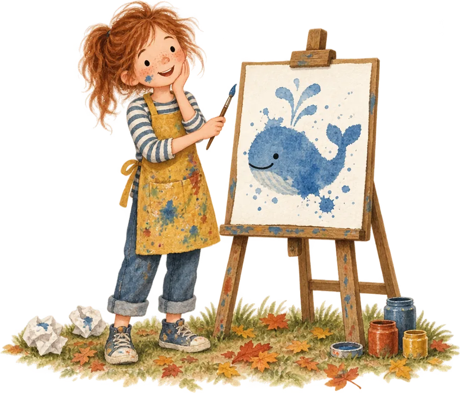 A girl in a paint-spattered apron at an easel, smiling at a whale she has made out of a spilled splash of blue paint, crumpled paper at her feet