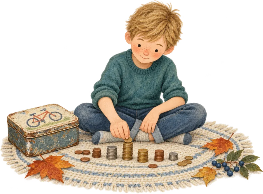A boy sitting on a rug counting coins into stacks, a savings tin with a bicycle on the lid beside him