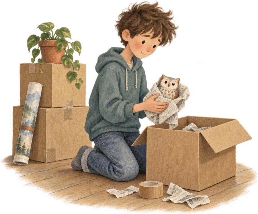 A boy kneeling on bare floorboards among packing boxes, wrapping a toy owl in newspaper before putting it in the box