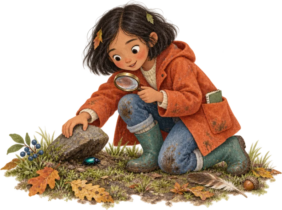 A girl in a muddy raincoat kneeling in the leaves, lifting a stone with a magnifying glass in her hand and a beetle underneath