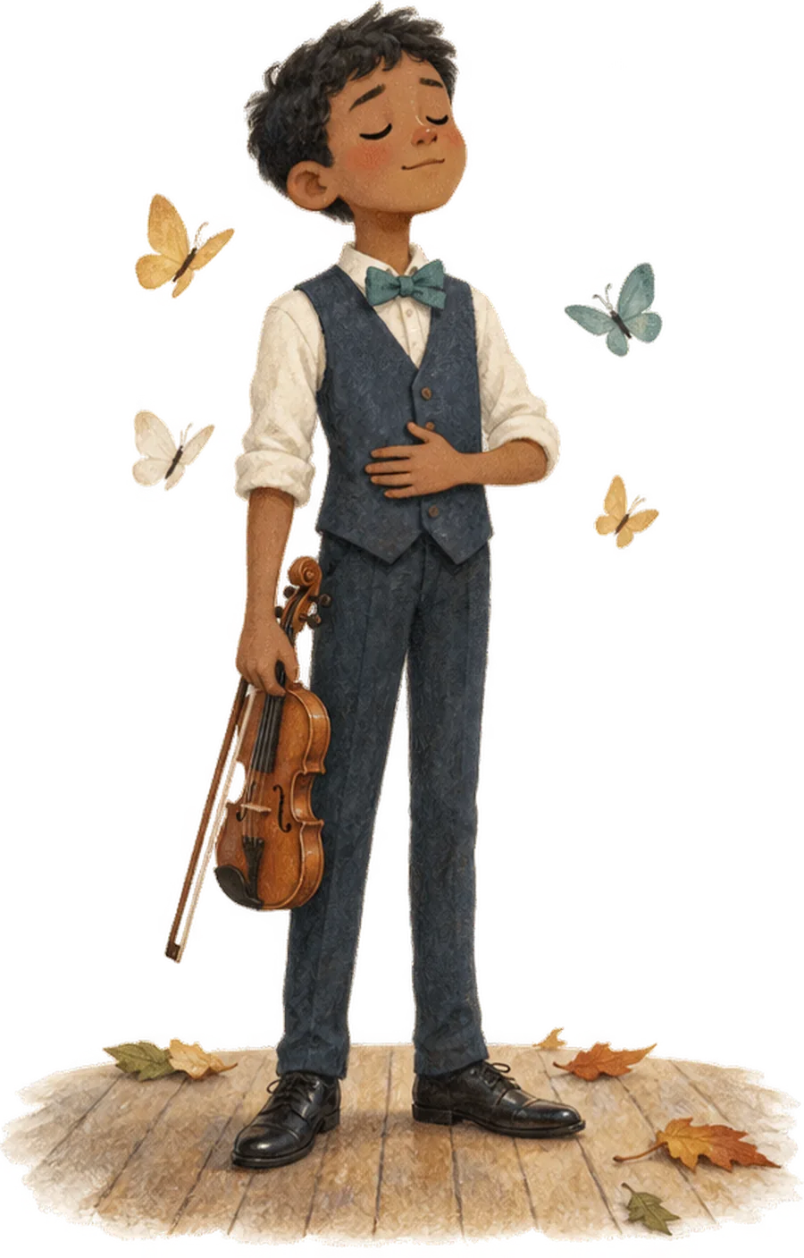 A boy in a waistcoat and bow tie standing with his violin lowered, eyes closed and a hand on his stomach, with butterflies around him