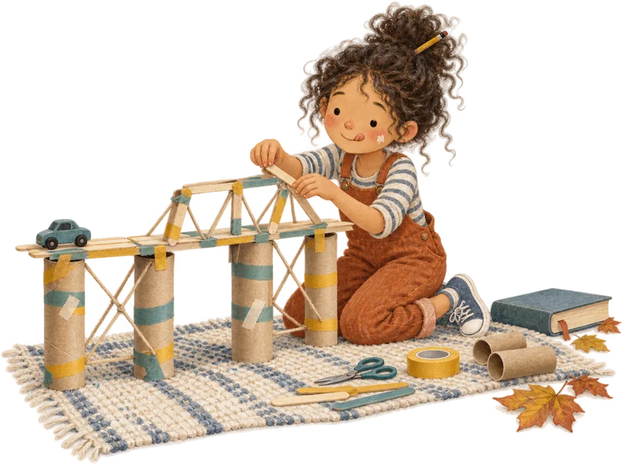 A girl kneeling on a rug building an elaborate bridge out of cardboard tubes, lolly sticks and tape, with a toy car on the finished span