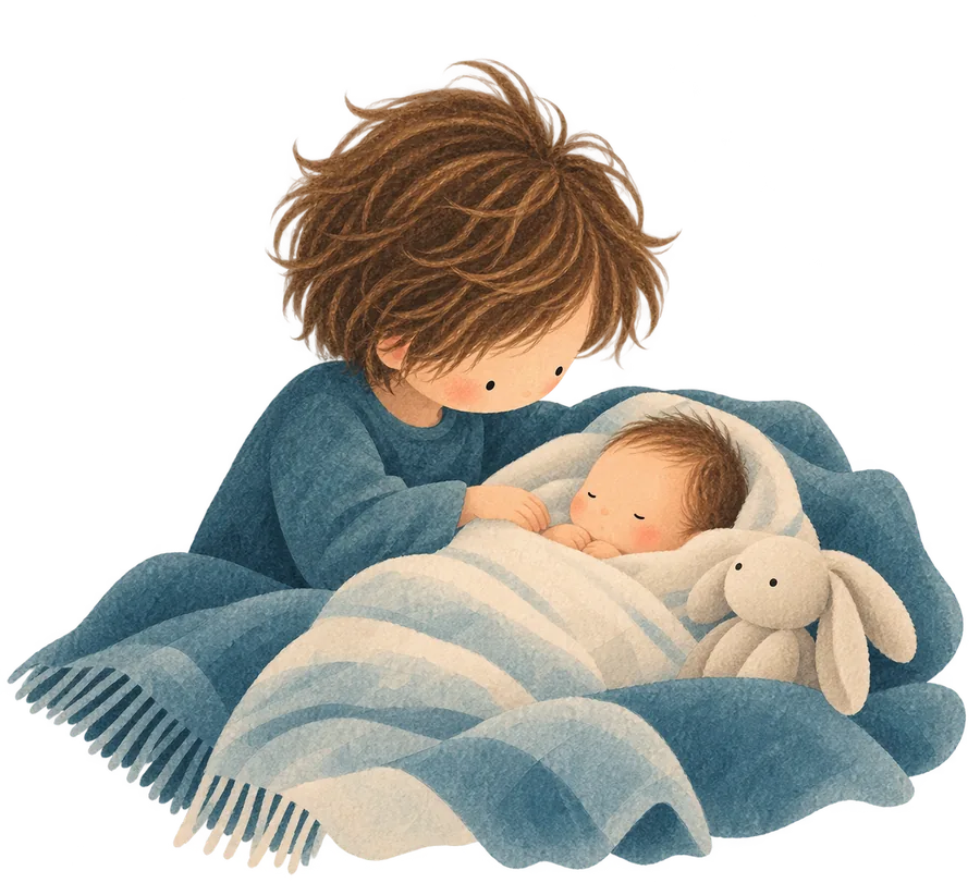 An older child leaning over a sleeping newborn wrapped in a blanket, with a soft rabbit alongside