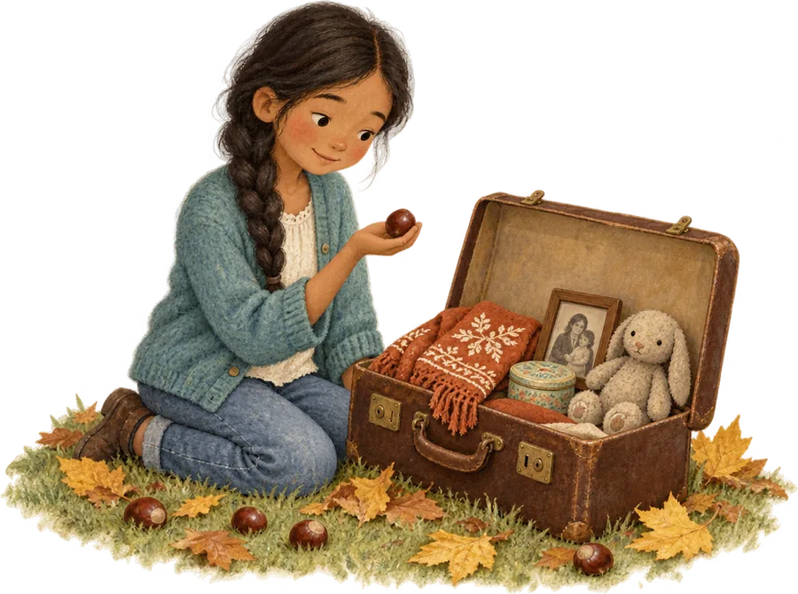 A girl kneeling in the grass beside an open suitcase holding a knitted jumper, a photograph and a toy rabbit, turning a conker over in her hand