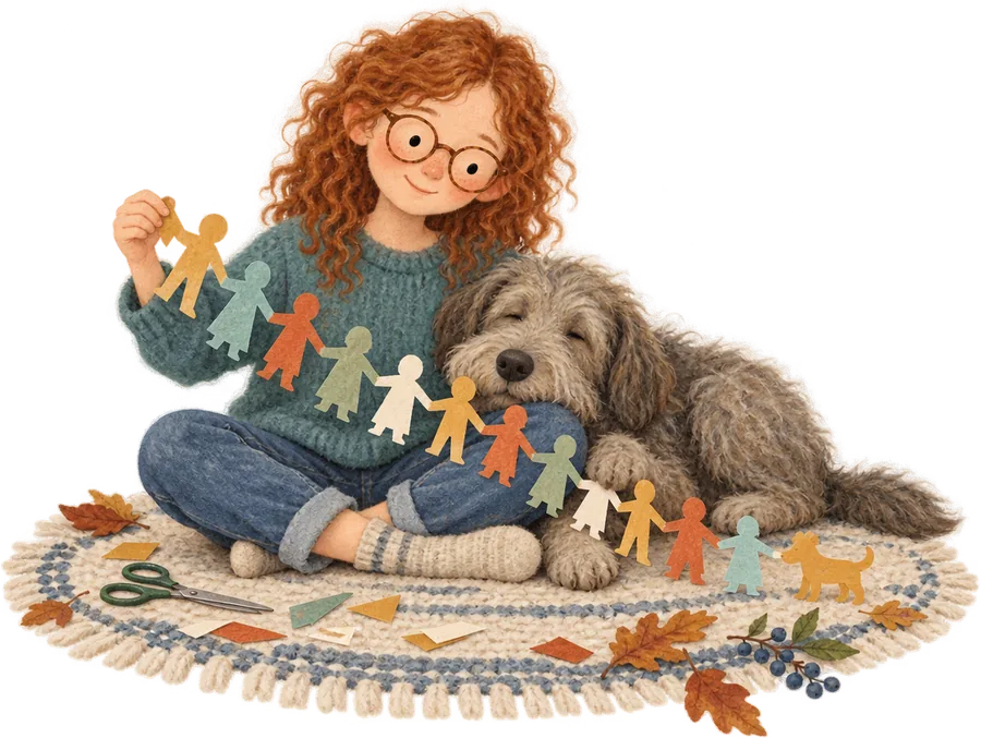A girl sitting on a rug leaning against a large shaggy dog, holding up a long chain of paper people she has cut out