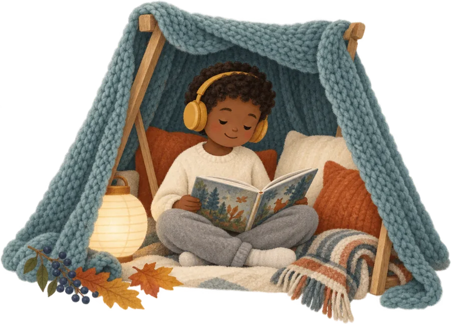 A child sitting inside a blanket den with headphones on, reading a book by a soft lantern among cushions