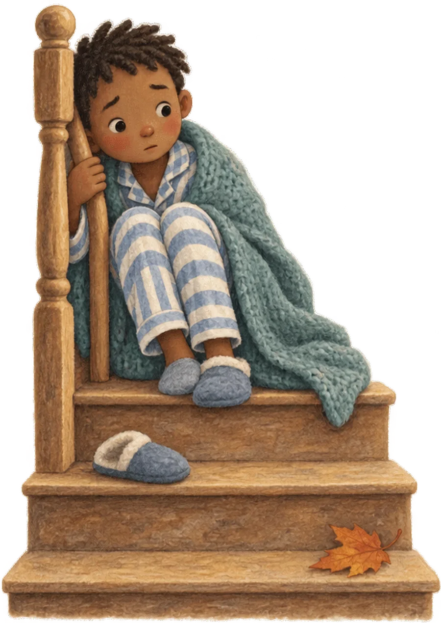 A child in pyjamas sitting partway up the stairs wrapped in a blanket, holding the bannister and listening to something below