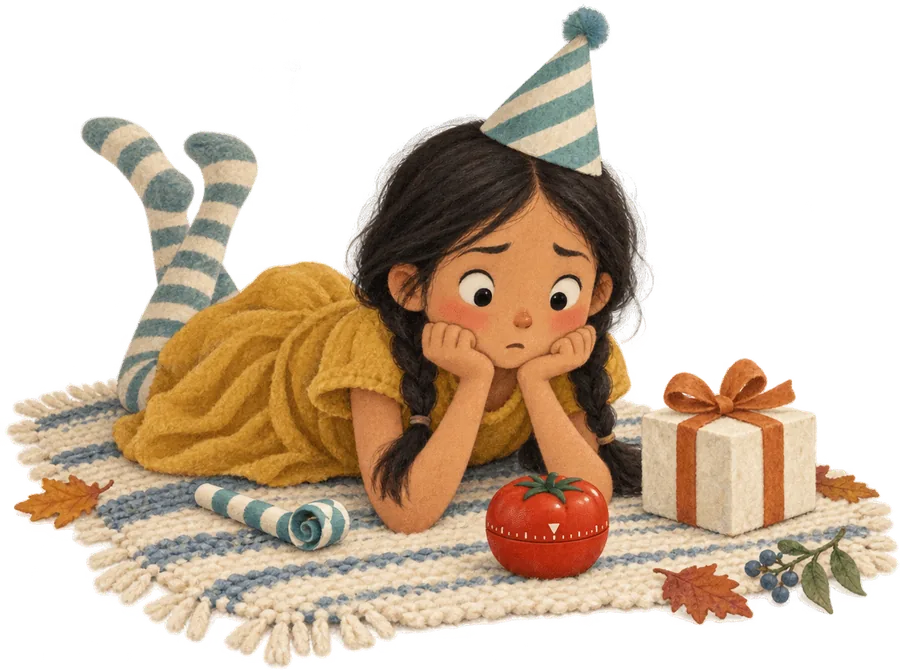 A girl in a party hat lying on a rug with her chin in her hands, watching a kitchen timer tick down beside a wrapped present