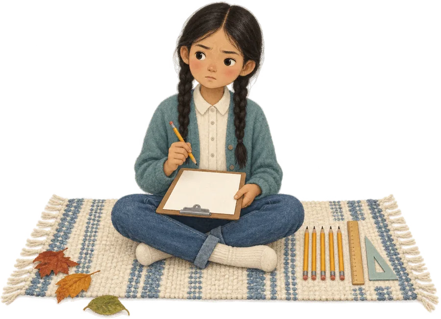 A girl sitting on a rug holding a clipboard with a blank sheet of paper, pencil poised, with five sharpened pencils and a ruler lined up beside her