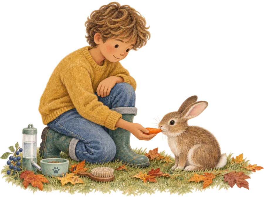 A boy kneeling in the grass offering a carrot to a rabbit, with a water bottle, a food bowl and a brush beside him