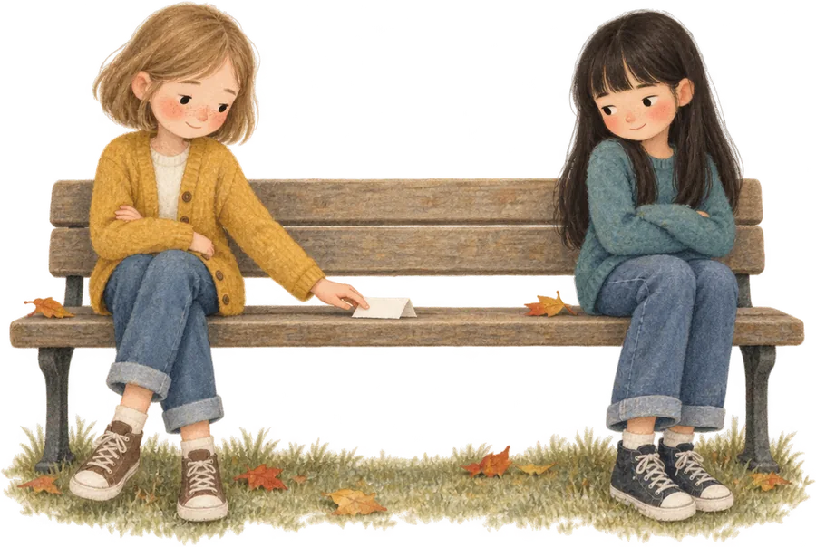 Two girls sitting at opposite ends of a bench, one with her arms folded, the other sliding a folded note along the seat towards her