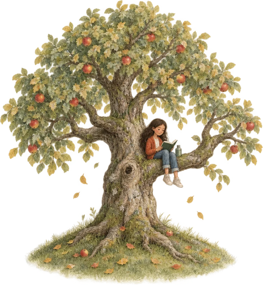 A girl sitting along the branch of a big apple tree with a book and a flask, small among the leaves