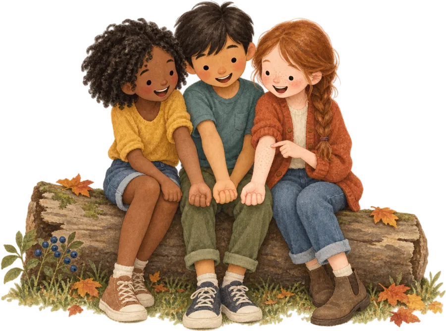 Three children sitting on a fallen log with their forearms laid side by side, comparing the different colours of their skin and freckles