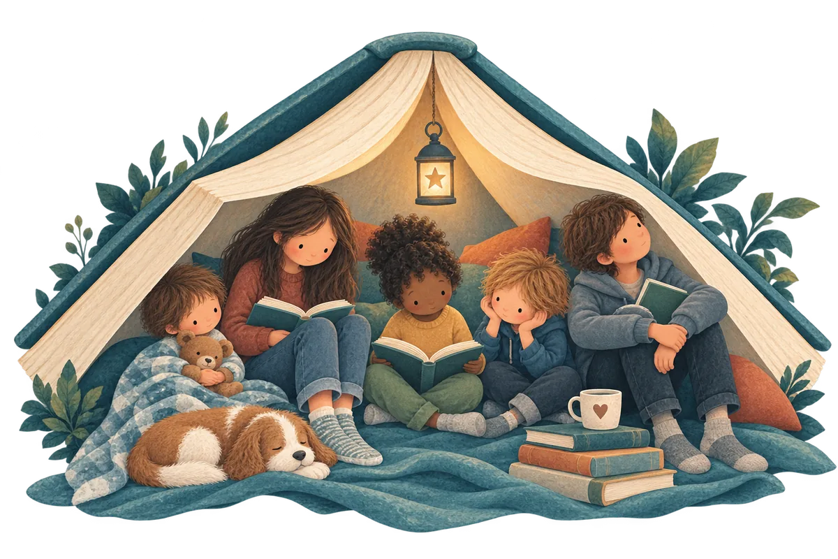 Five children reading together inside a den made from a giant open book, with a lantern, a sleeping dog and a pile of books