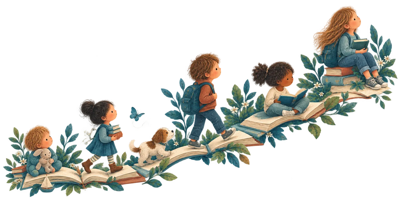 Children walking up a path made of open books, from a toddler with a teddy to an older girl reading on a pile of them