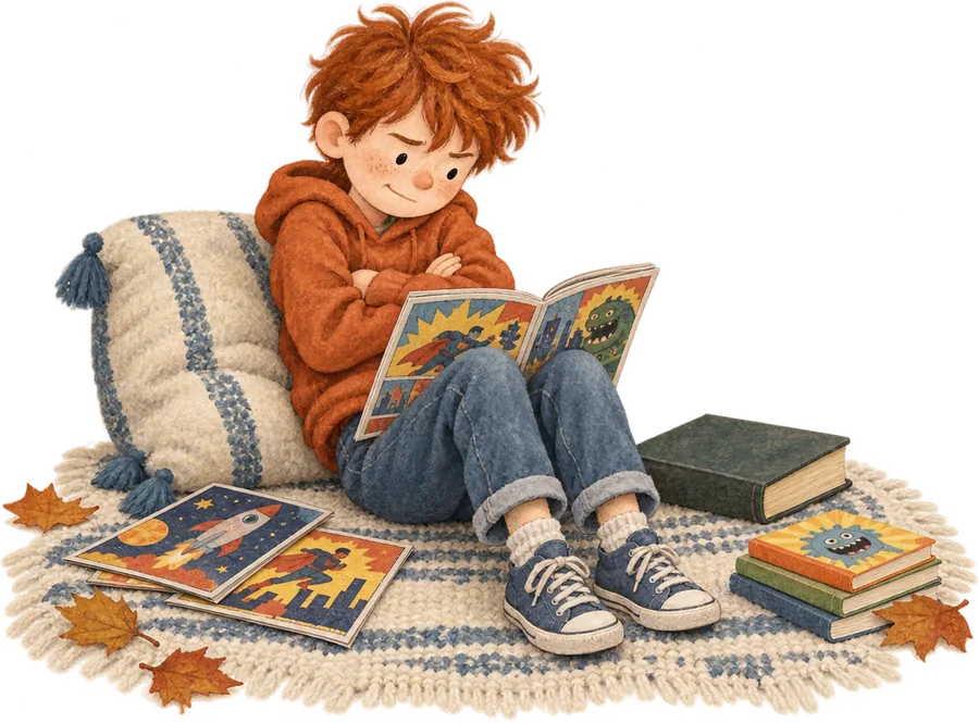 A boy leaning against a cushion with his arms folded and a comic open in front of him, graphic novels spread around and a thick hardback closed to one side
