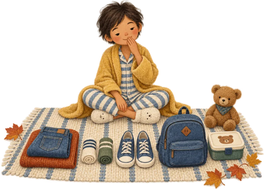 A child in pyjamas and a dressing gown sitting on a rug, yawning, with clothes, socks, shoes, a backpack and a lunchbox laid out in a row ready for the morning