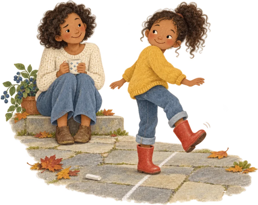 A girl in red wellingtons hopping along a chalk line on a patio, glancing back at a grown-up sitting on the step with a mug