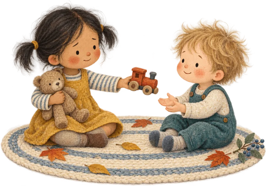 A girl sitting on a rug holding her teddy, passing a wooden train to a smaller child who is reaching out for it