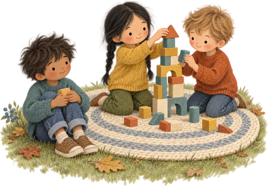 Two children building a tower of wooden blocks together while a third sits a little apart, hugging their knees and holding a block, watching
