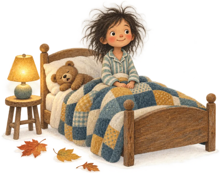 A child sitting bolt upright in bed in striped pyjamas, wide awake and tousled, beside a lit lamp and a sleeping teddy