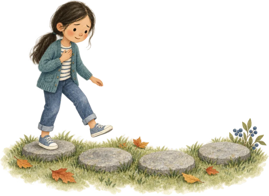 A girl with a hand pressed to her chest, stepping carefully from one stepping stone to the next across the grass