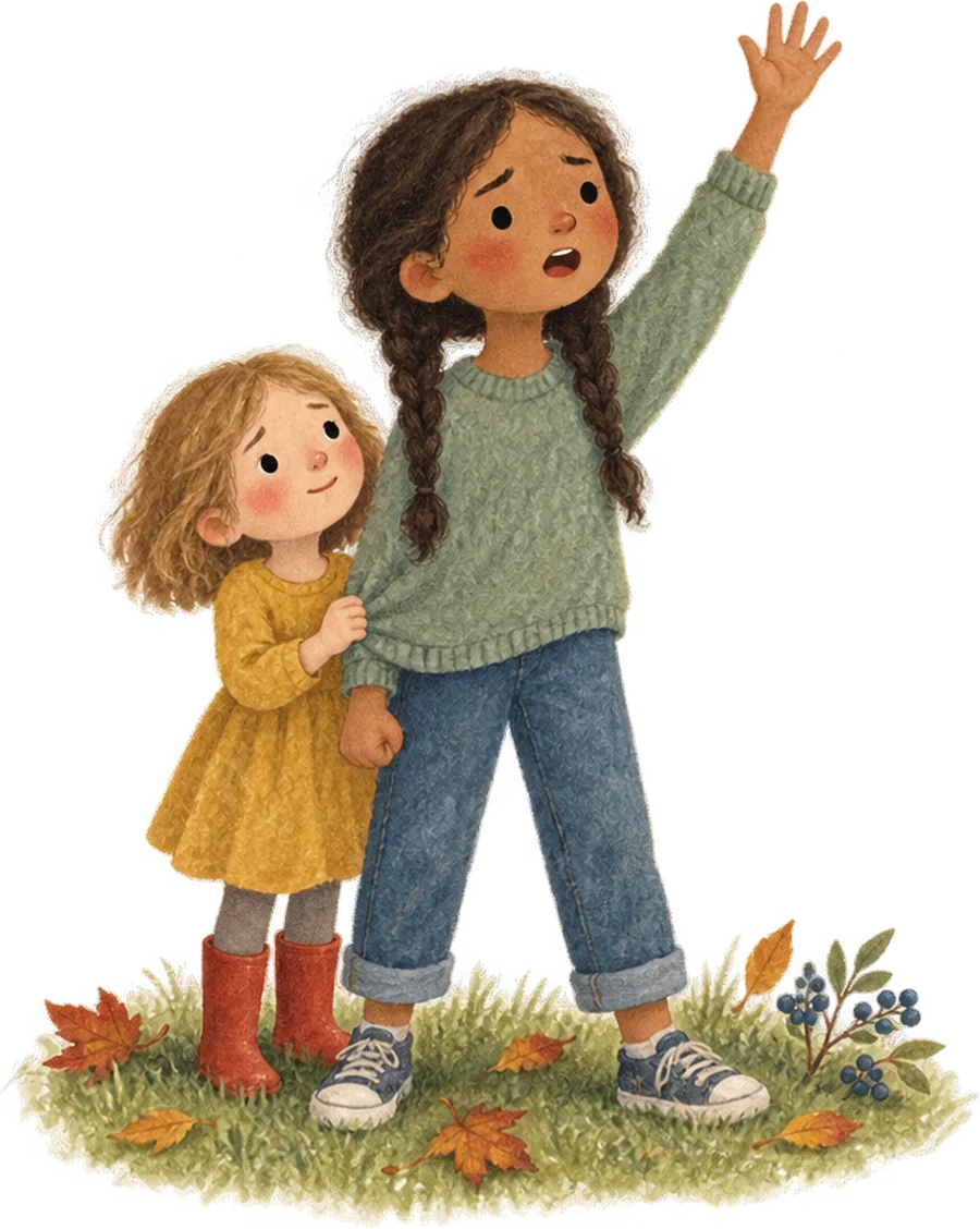 A girl standing with her hand raised and her mouth open to say something, a smaller child holding onto her arm behind her