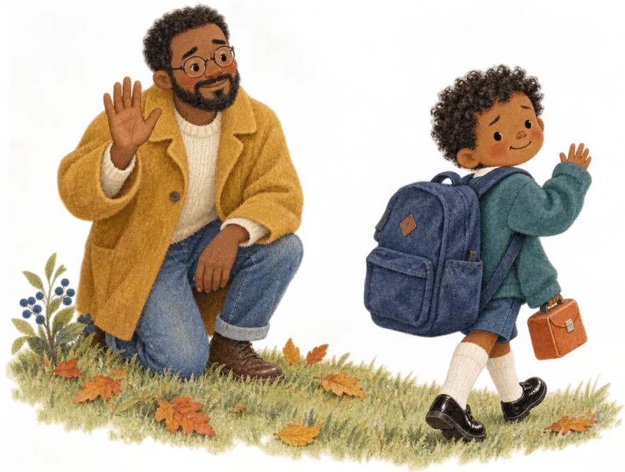 A child with a backpack and lunchbox walking away, looking back and waving at a grown-up kneeling on the grass waving back