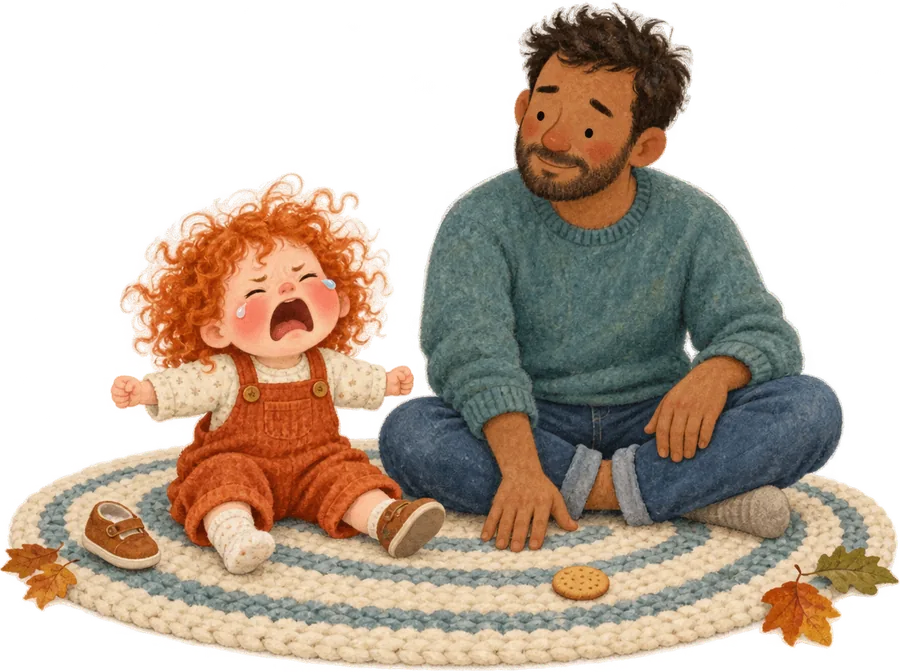A toddler in dungarees mid-tantrum on a rug, one shoe off, with a grown-up sitting calmly beside her waiting it out