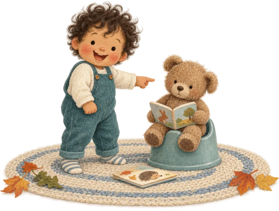 A small child in dungarees laughing and pointing at a teddy sitting on a potty with a picture book
