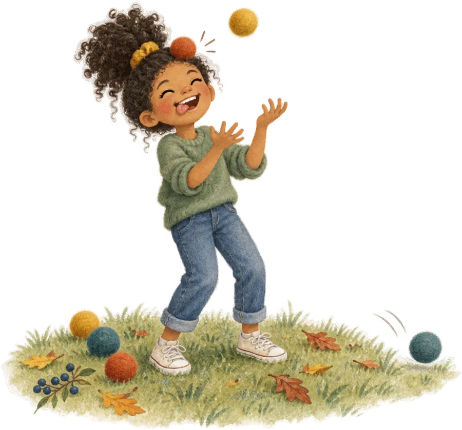 A girl in the grass laughing as she tries to juggle, one ball caught and the others dropping around her
