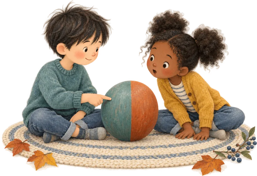 Two children sitting either side of a ball that is green on one side and orange on the other, each seeing a different colour
