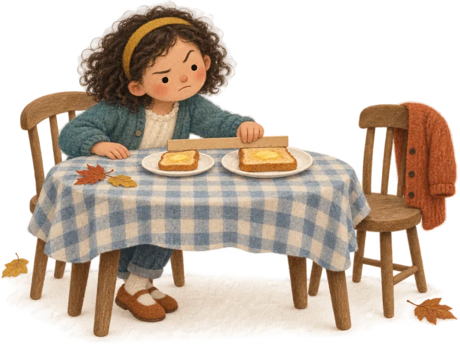 A girl at a kitchen table laying a ruler across two plates of buttered toast to check the slices are the same, an empty chair beside her