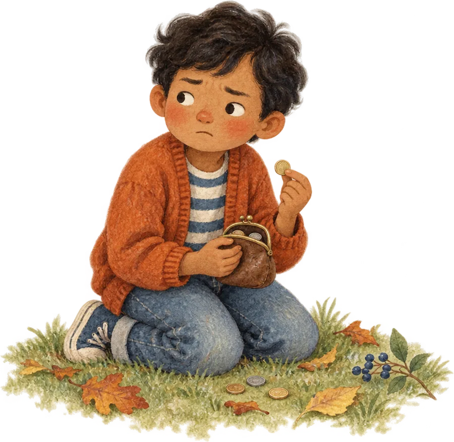 A boy kneeling in the grass holding a found purse in one hand and a coin in the other, looking uncertain