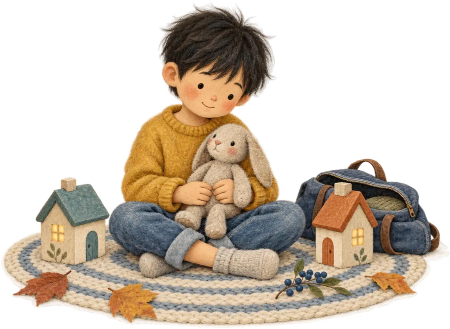 A boy sitting on a rug holding a toy rabbit, a small wooden house on either side of him and a packed bag beside one of them