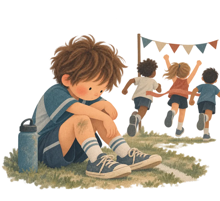 A boy sitting on the grass at sports day while the other children run past the finish line