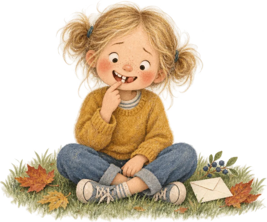 A girl sitting cross-legged in the grass, grinning and wiggling a loose front tooth with her finger, an envelope beside her