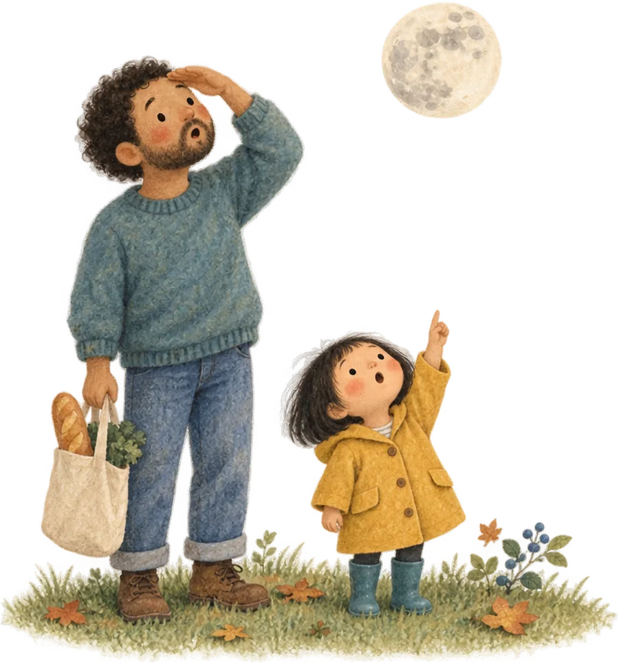 A small child in a yellow coat pointing up at a full moon, a grown-up beside her with the shopping still in his hand, looking up too