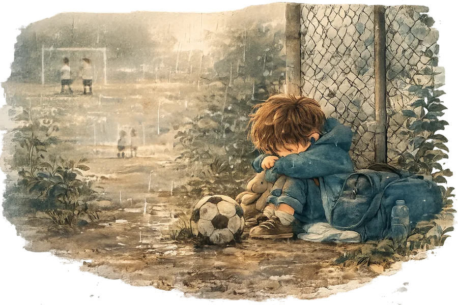 A boy sitting against a fence with his head on his arms, a football and a bag beside him and children playing in the distance