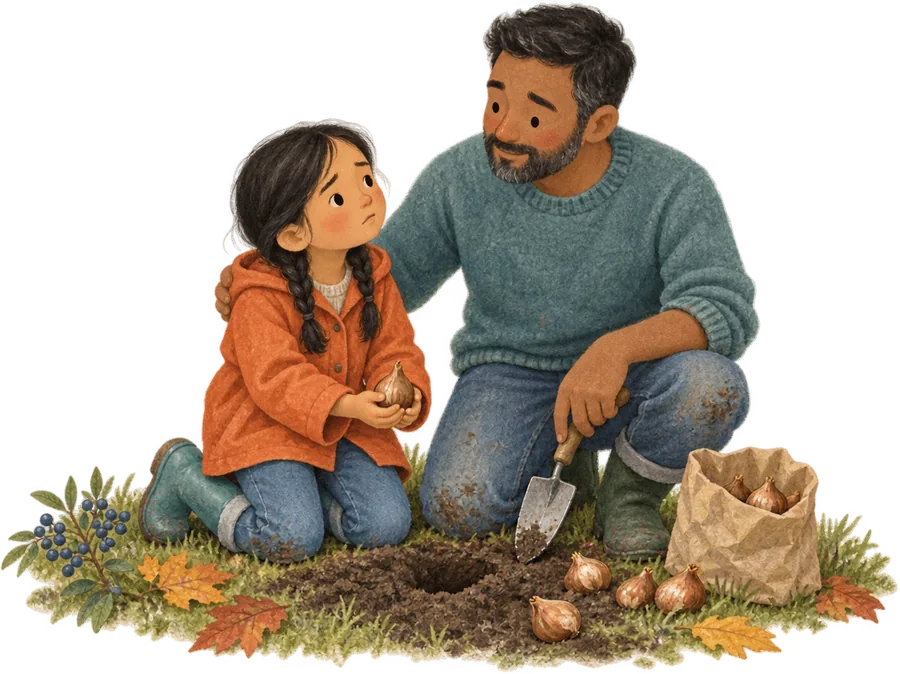 A girl kneeling in the soil holding a bulb, looking up at a grown-up with an arm round her, a trowel and a bag of bulbs beside them