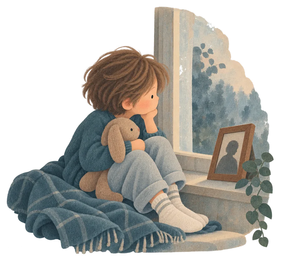 A child wrapped in a blanket by a window, holding a toy rabbit, with a framed photograph on the sill