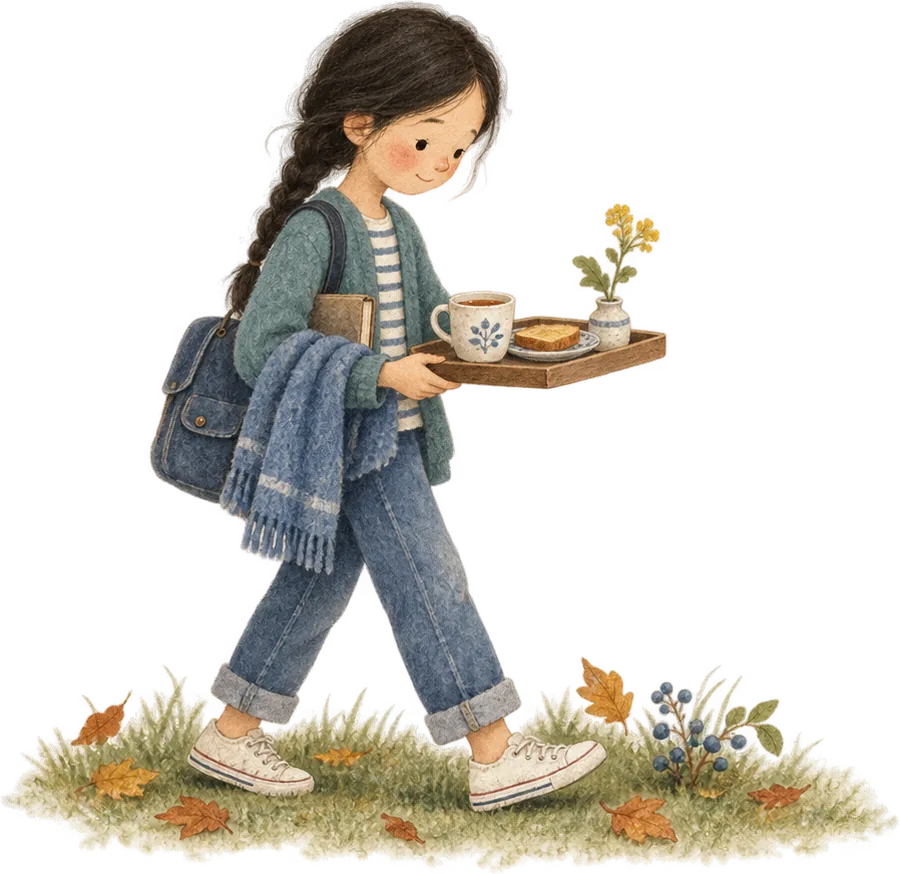 A girl with her school bag still on her shoulder carrying a tray with tea, a slice of cake and a small jar of flowers